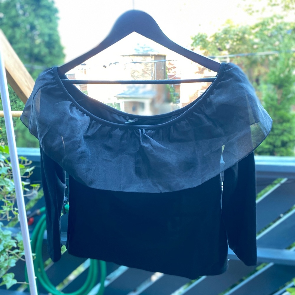 Black J Crew off the shoulder top with mesh ruffle detail